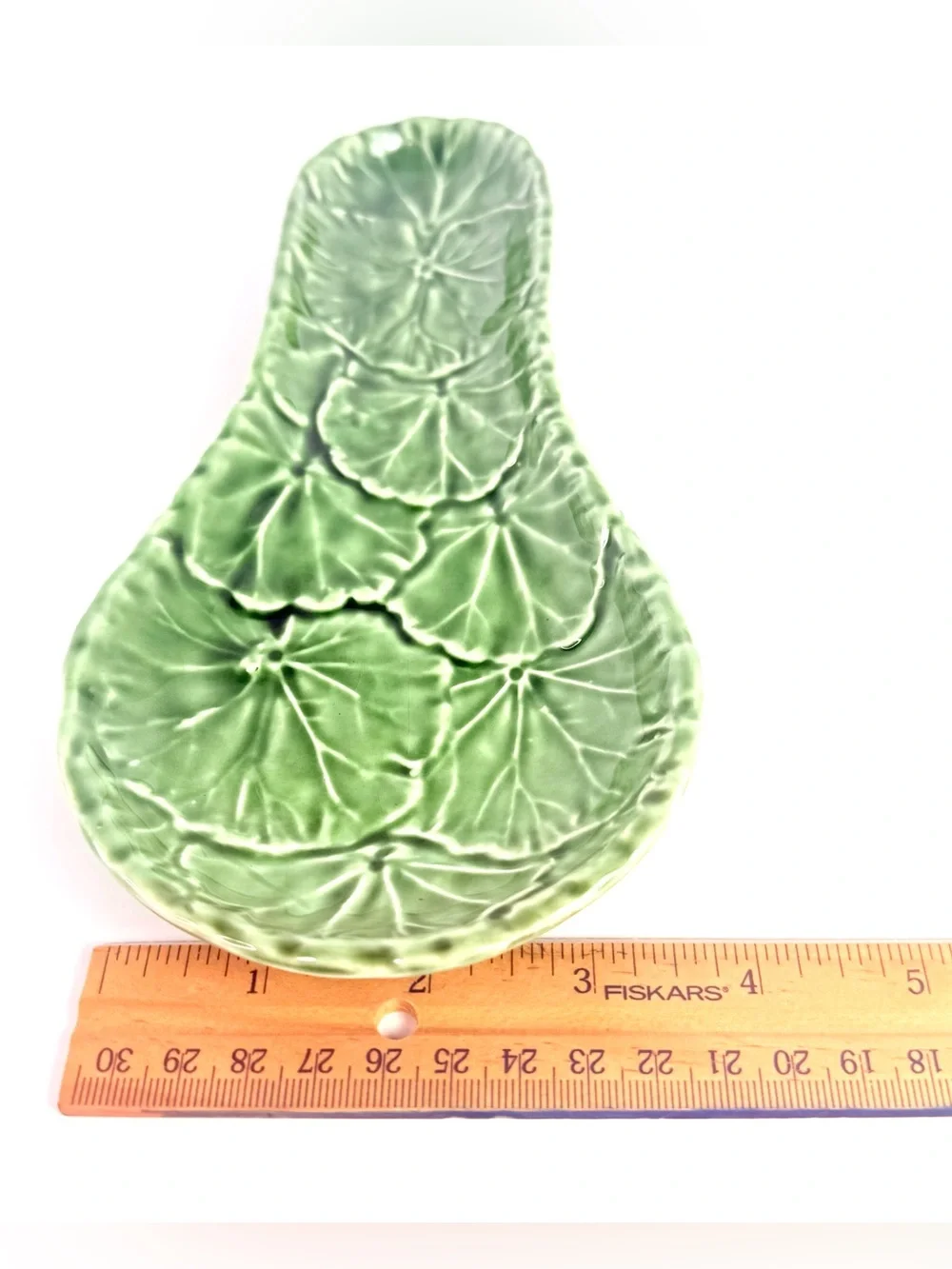 Vintage Ceramic Spoon Rest Olfaire Green Glazed Majolica Leaf Portugal Made